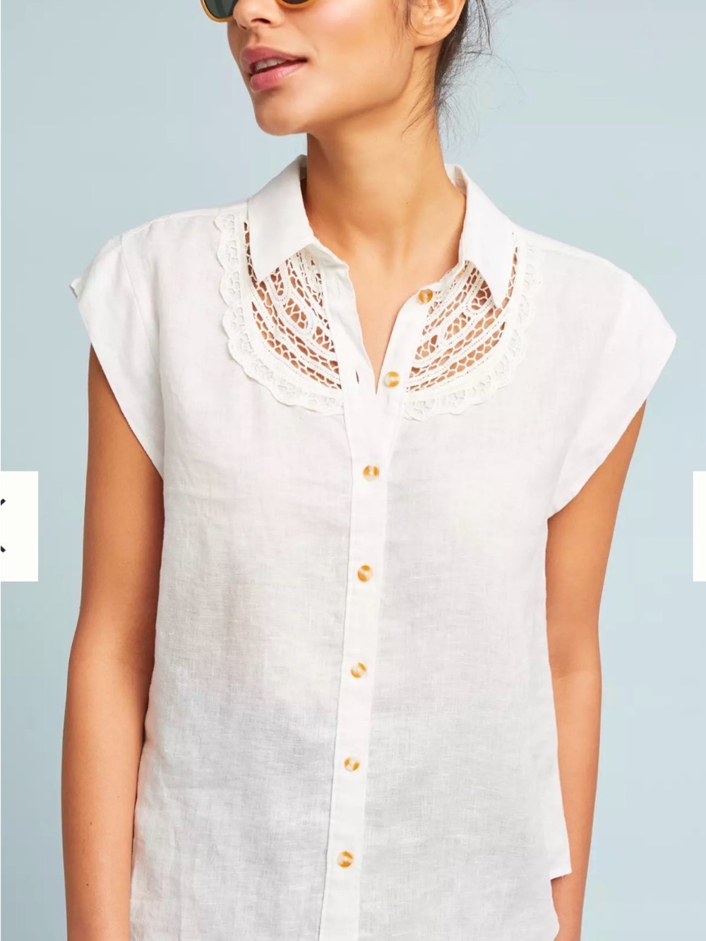 Maeve Anthropologie Linen White Lace-Yoke Cap Sleeve Button-Front Women's Top XS
